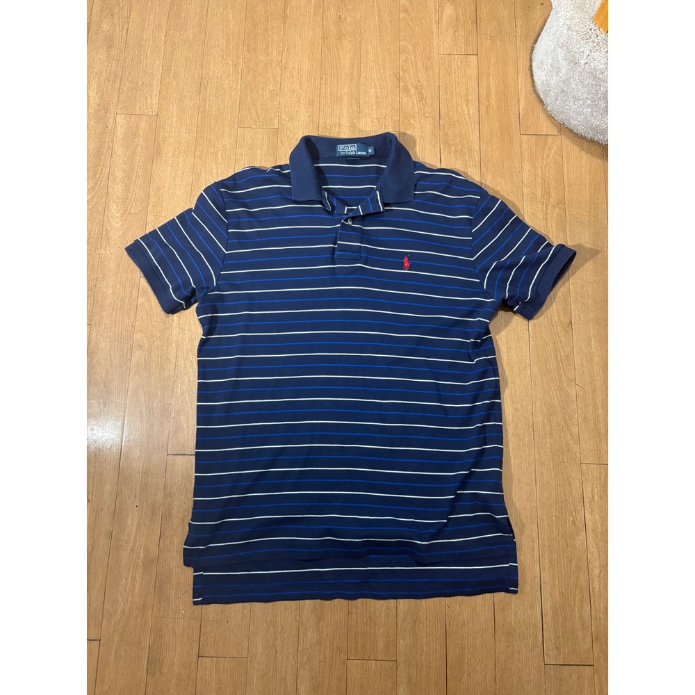 Polo Ralph Lauren Mens Medium Navy Blue Striped Short Sleeve Polo Shirt Cotton